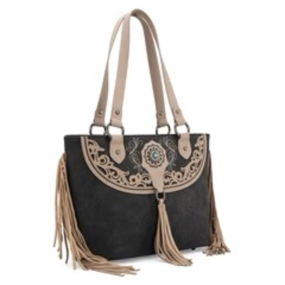 Montana West Embroidered Concealed Carry Tote with Wallet Set Black NWT - Picture 3 of 4